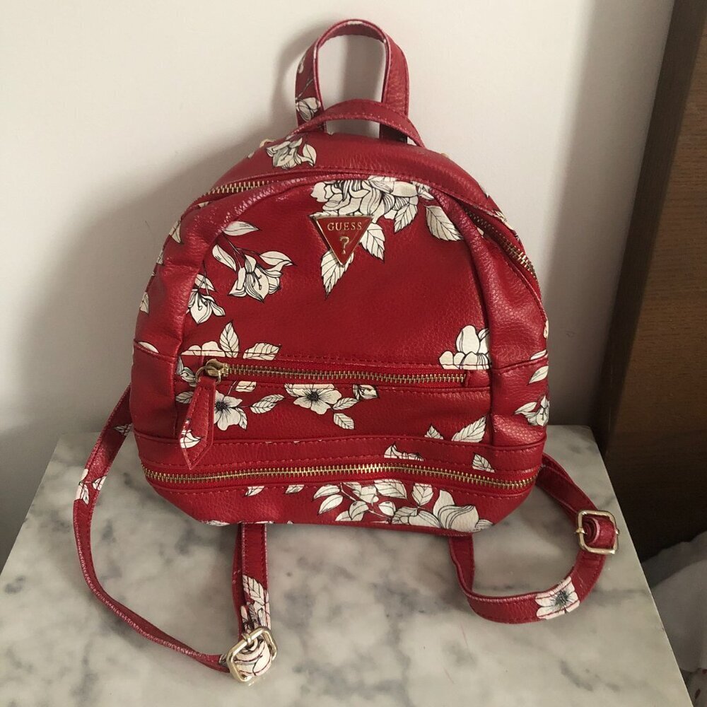 Guess White Floral Red Bag Spring Backpack Faux Leather